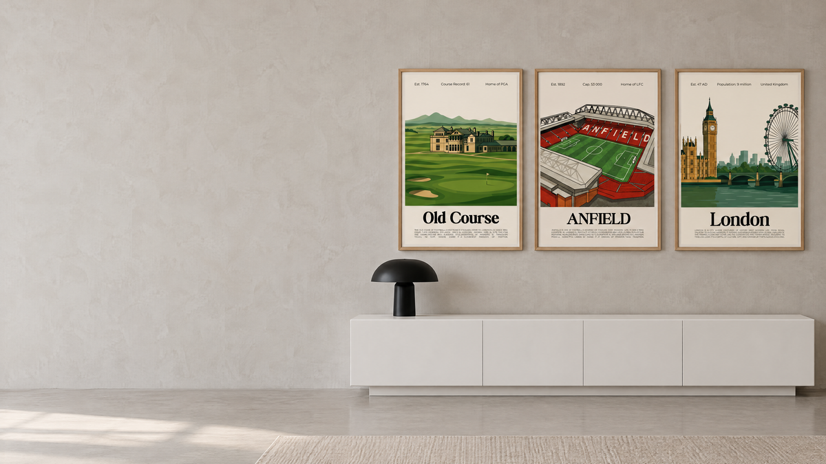 Three framed OverPrints posters on a grey wall above a white console